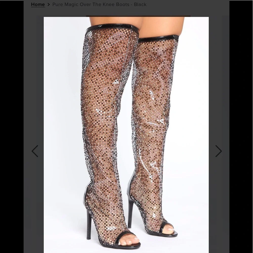Fishnet Rhinestone Knee Boots - Picture 1 of 9